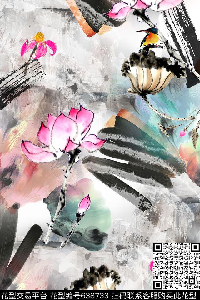 水墨中国风笔触数码印花华亿平台下载（图片编号: 638733） - 瓦栏（Walan）