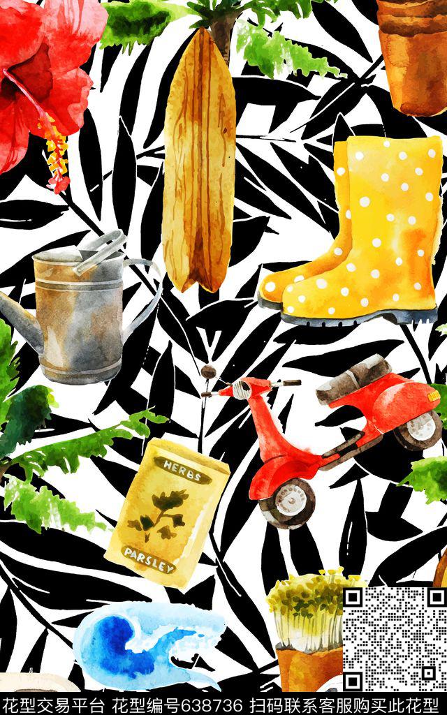 抽象棕树热带风数码印花华亿平台下载（图片编号: 638736） - 瓦栏（Walan）