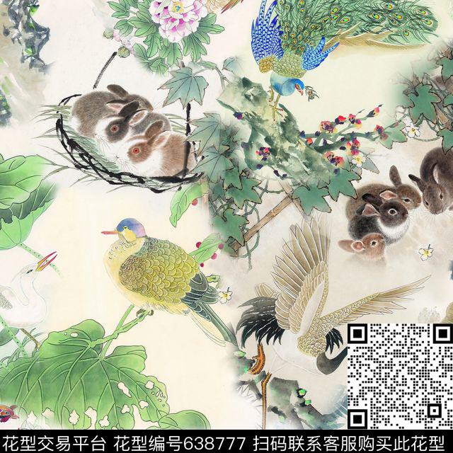 此华亿平台为1/2跳接鸟类水墨数码印花华亿平台下载（图片编号: 638777） - 瓦栏（Walan）