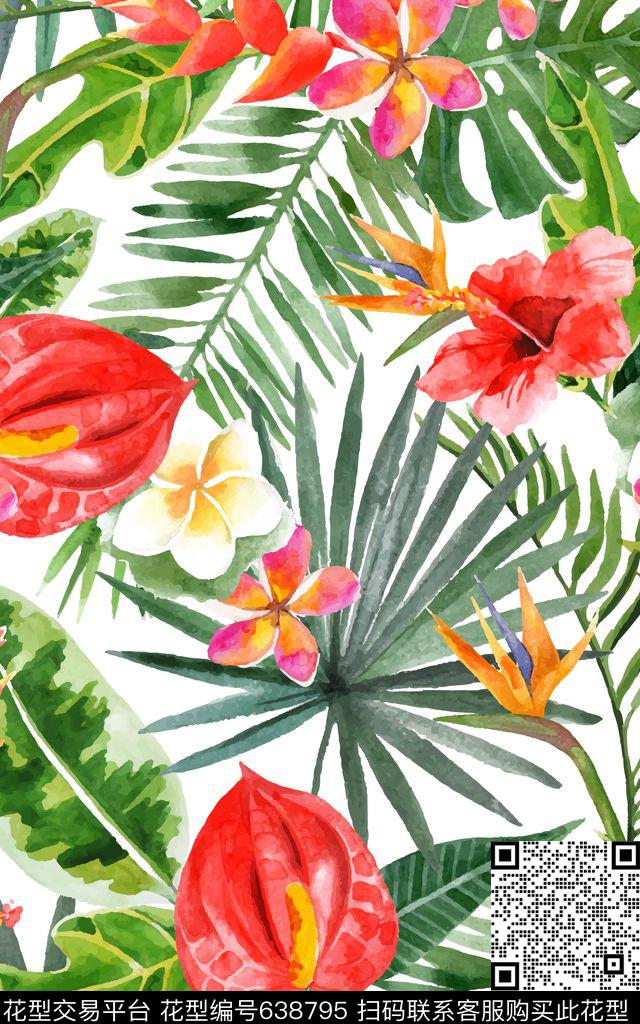 热带风花朵粽叶数码印花华亿平台下载（图片编号: 638795） - 瓦栏（Walan）