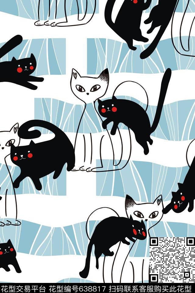 卡通手绘猫咪几何条纹传统印花华亿平台下载（图片编号: 638817） - 瓦栏（Walan）