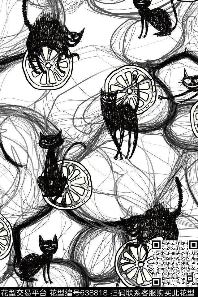 卡通手绘猫咪几何条纹传统印花华亿平台下载（图片编号: 638818） - 瓦栏（Walan）