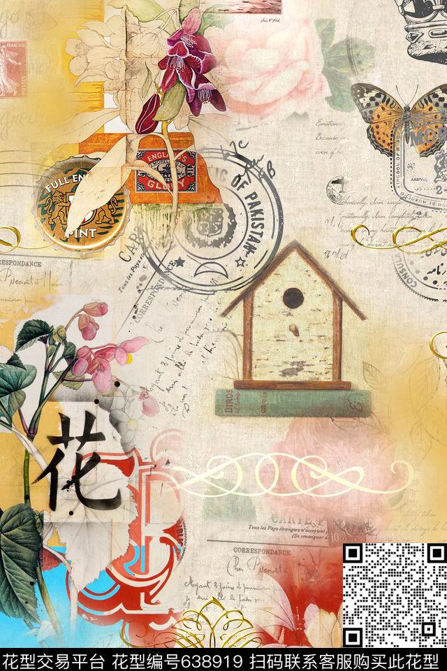 花卉字母蝴蝶数码印花华亿平台下载（图片编号: 638919） - 瓦栏（Walan）