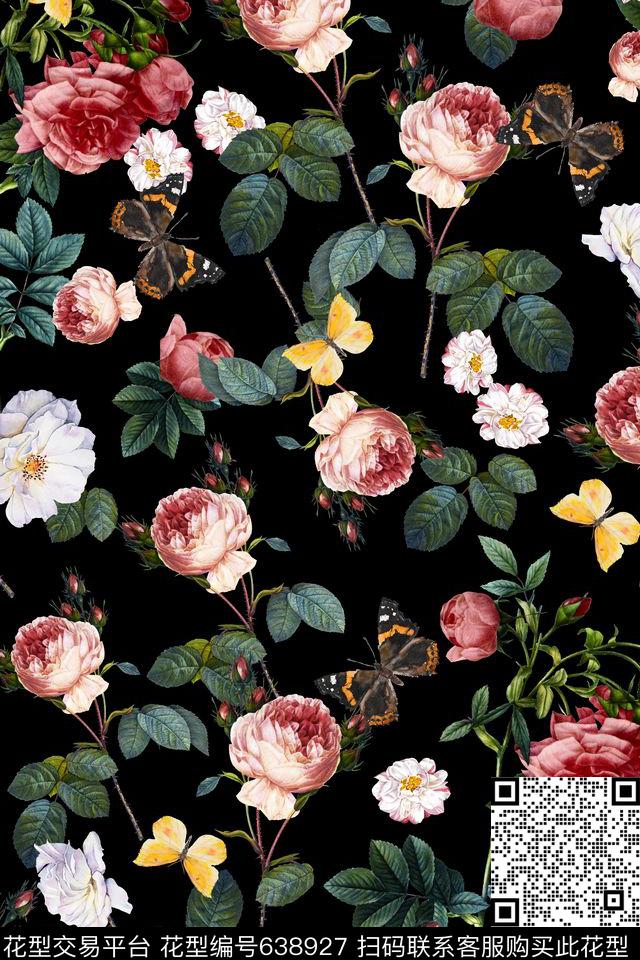 花卉蝴蝶白数码印花华亿平台下载（图片编号: 638927） - 瓦栏（Walan）