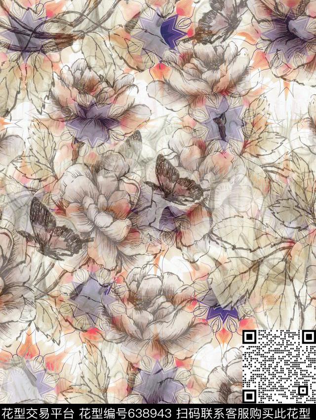 复古手绘牡丹印花数码印花华亿平台下载（图片编号: 638943） - 瓦栏（Walan）