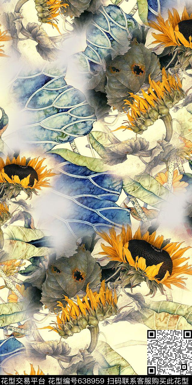 满版数码向日葵数码印花华亿平台下载（图片编号: 638959） - 瓦栏（Walan）