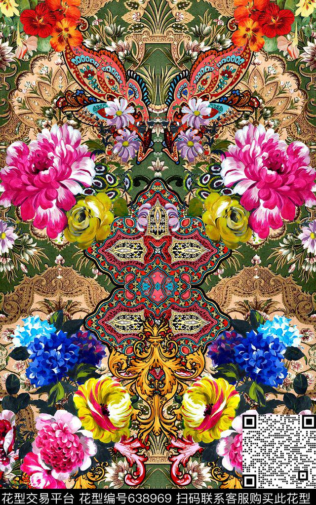 花卉腰果条纹数码印花华亿平台下载（图片编号: 638969） - 瓦栏（Walan）
