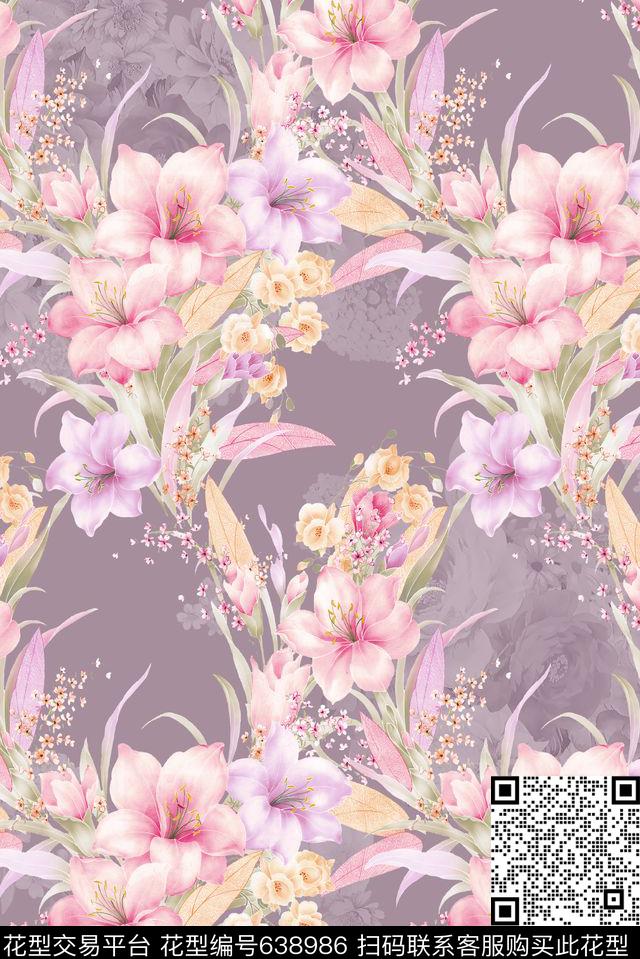 树叶大花花朵数码印花华亿平台下载（图片编号: 638986） - 瓦栏（Walan）