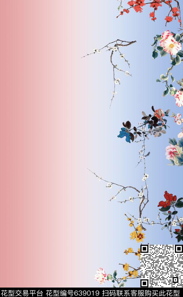 梅花花卉围巾数码印花华亿平台下载（图片编号: 639019） - 瓦栏（Walan）