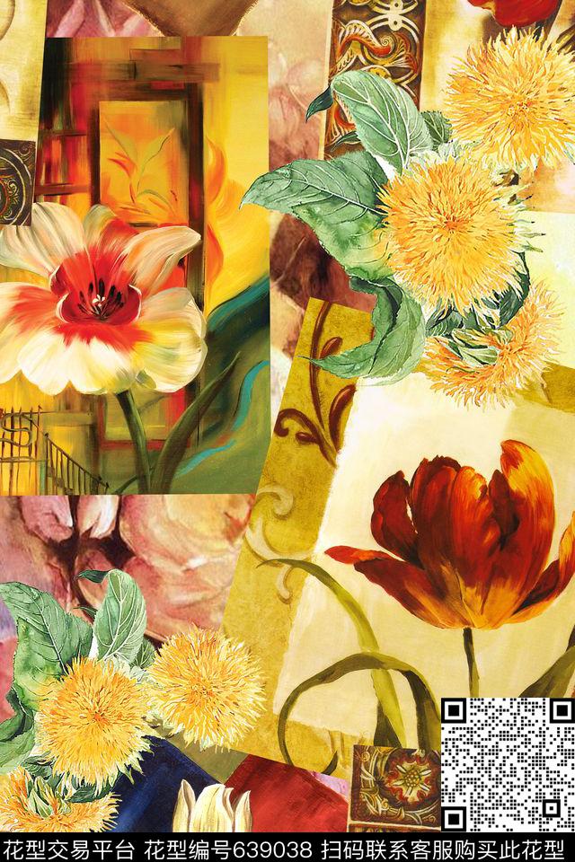 花卉几何拼接数码印花华亿平台下载（图片编号: 639038） - 瓦栏（Walan）