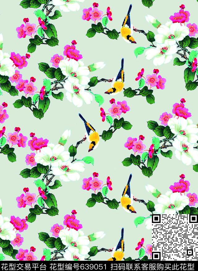 中国风中国花鸟画花卉数码印花华亿平台下载（图片编号: 639051） - 瓦栏（Walan）