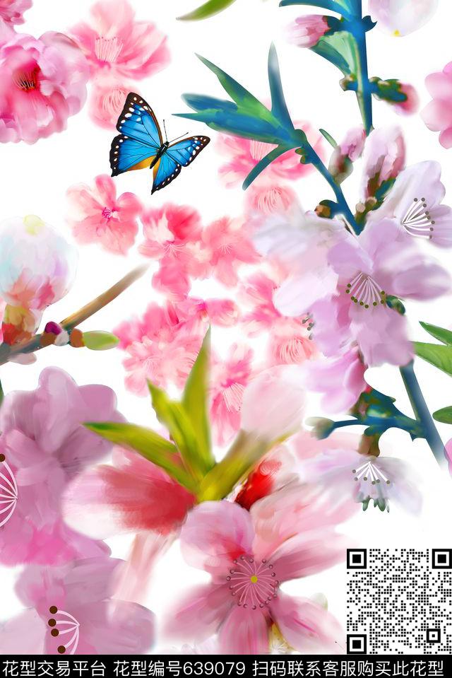 桃花花鸟小碎花数码印花华亿平台下载（图片编号: 639079） - 瓦栏（Walan）