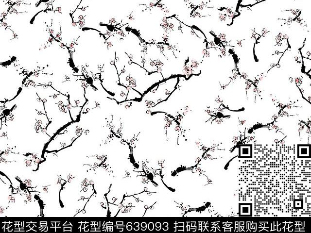 花卉梅花水墨传统印花华亿平台下载（图片编号: 639093） - 瓦栏（Walan）