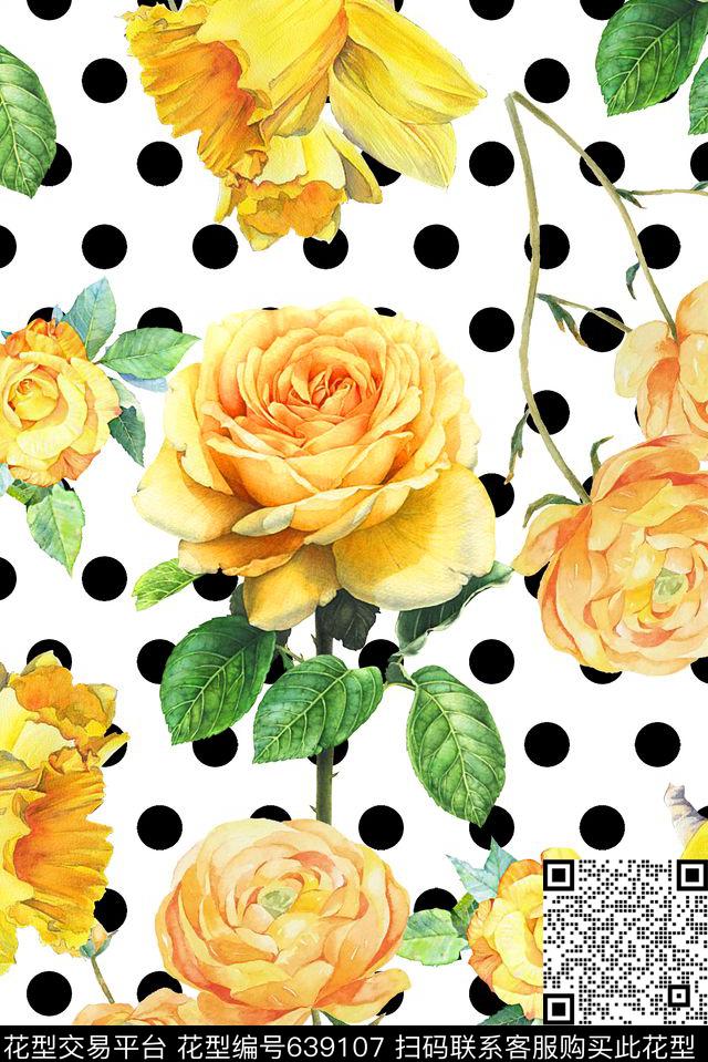 时尚潮流女装裙子玫瑰花花卉数码印花时尚潮流大牌清爽春夏柔和系列印花丝巾波点手绘花卉印花数码印花华亿平台下载（图片编号: 639107） - 瓦栏（Walan）