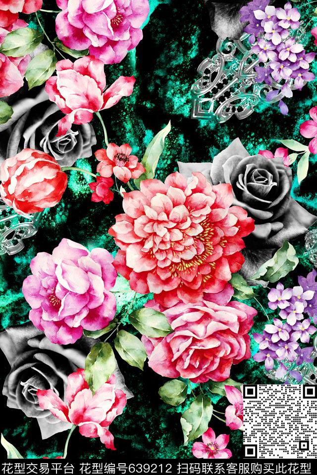 大花牡丹玫瑰数码印花华亿平台下载（图片编号: 639212） - 瓦栏（Walan）