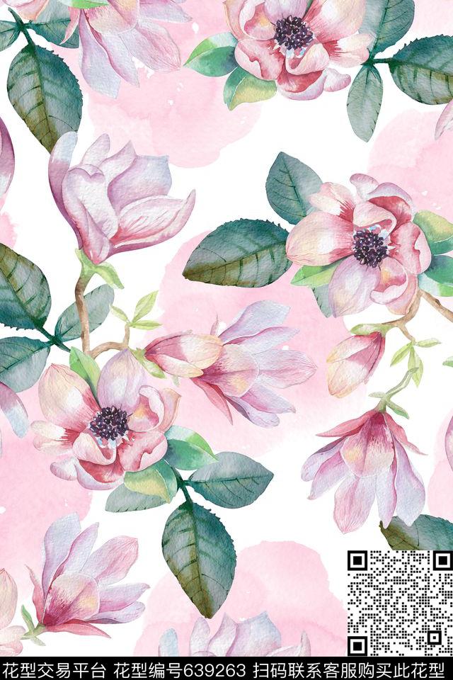 清新淡雅手绘花卉花枝数码印花华亿平台下载（图片编号: 639263） - 瓦栏（Walan）