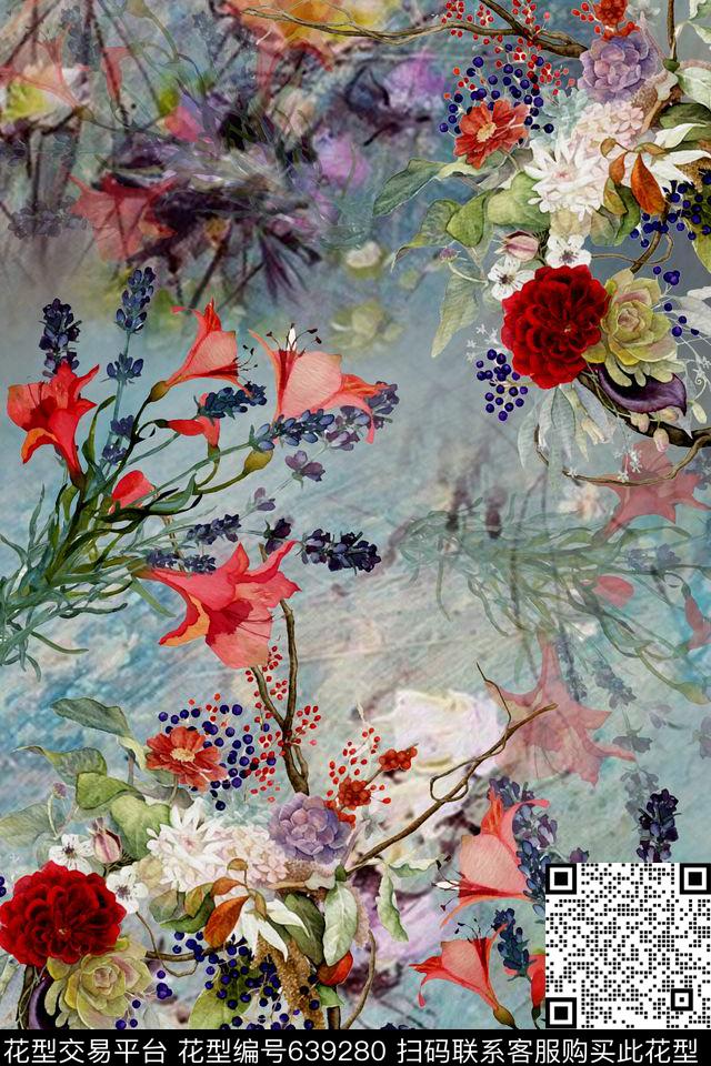 水彩花卉鸟数码印花华亿平台下载（图片编号: 639280） - 瓦栏（Walan）