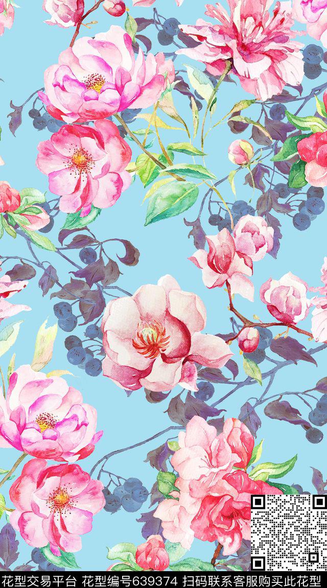 简约清新水彩花卉组合花卉数码印花华亿平台下载（图片编号: 639374） - 瓦栏（Walan）