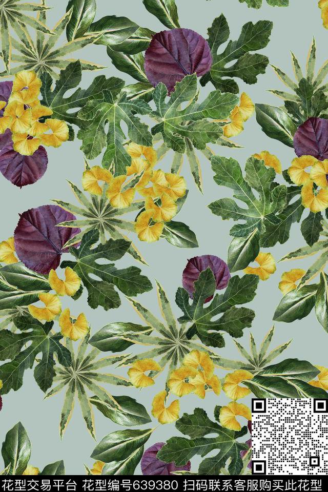 竹叶银杏流行时尚数码印花华亿平台下载（图片编号: 639380） - 瓦栏（Walan）