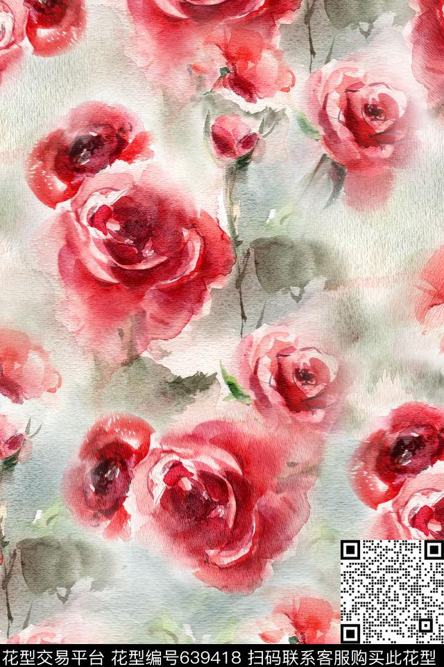 玫瑰花卉水彩数码印花华亿平台下载（图片编号: 639418） - 瓦栏（Walan）