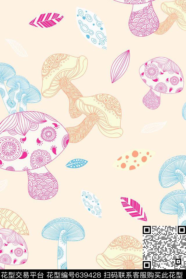 蘑菇线条叶子传统印花华亿平台下载（图片编号: 639428） - 瓦栏（Walan）