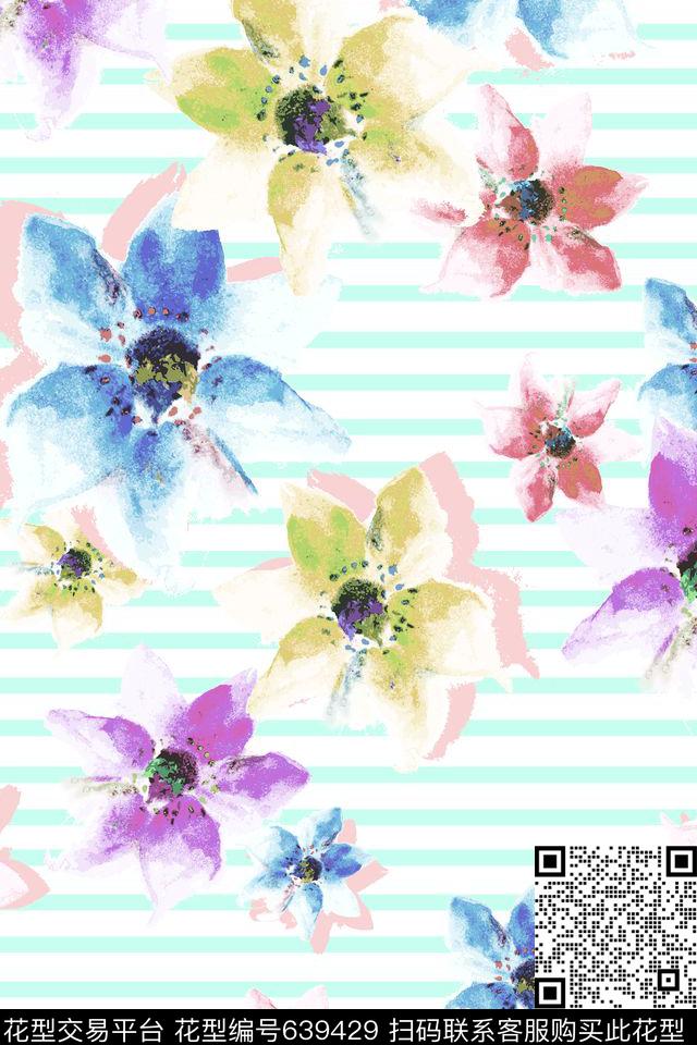 流行时尚花卉条纹数码印花华亿平台下载（图片编号: 639429） - 瓦栏（Walan）