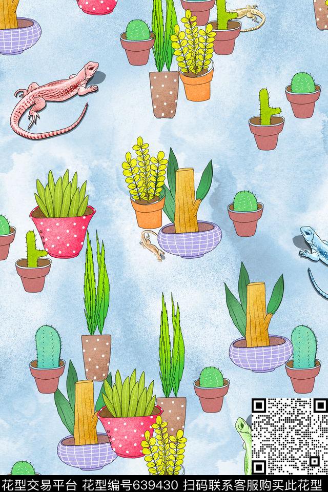 盆栽流行时尚蜥蜴数码印花华亿平台下载（图片编号: 639430） - 瓦栏（Walan）