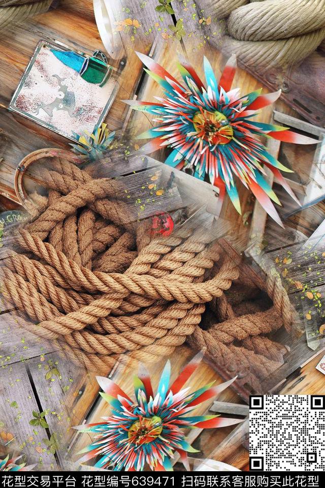 木板绳子花朵数码印花华亿平台下载（图片编号: 639471） - 瓦栏（Walan）