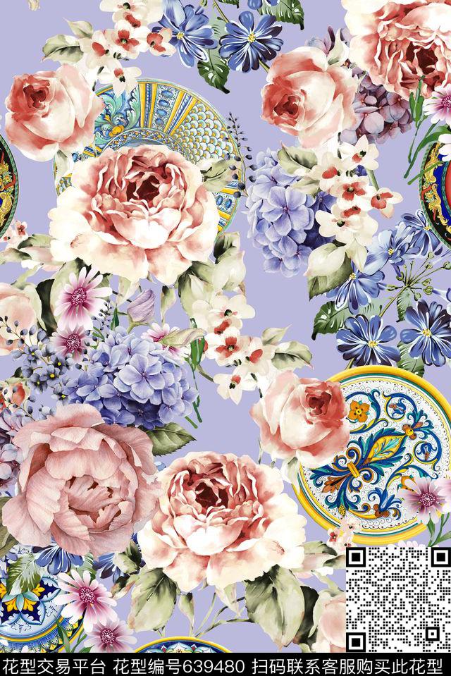 手绘花卉彩瓷数码印花华亿平台下载（图片编号: 639480） - 瓦栏（Walan）