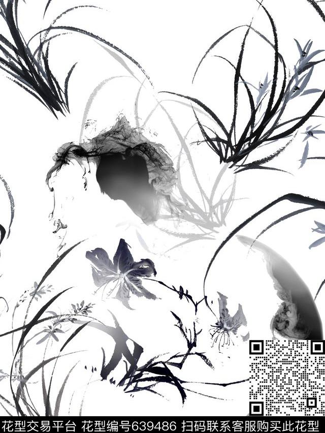 黑白花兰花花卉传统印花华亿平台下载（图片编号: 639486） - 瓦栏（Walan）