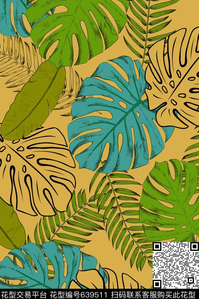 L.D~花卉棕榈叶热带传统印花华亿平台下载（图片编号: 639511） - 瓦栏（Walan）