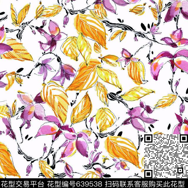 花卉叶子手绘数码印花华亿平台下载（图片编号: 639538） - 瓦栏（Walan）