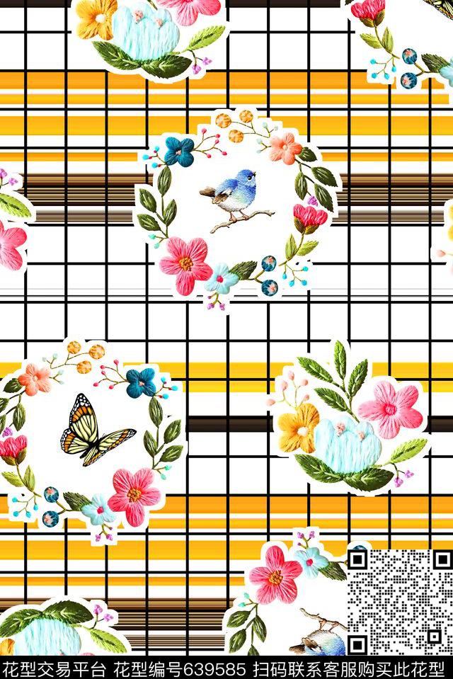 抽象手绘满版刺绣最新高清数码花卉格字数码印花华亿平台下载（图片编号: 639585） - 瓦栏（Walan）