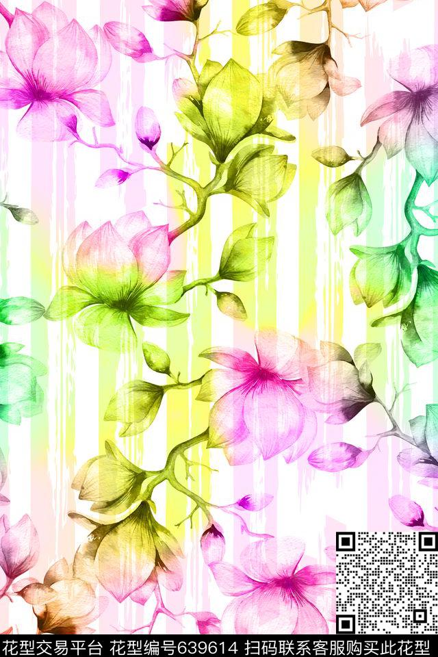 清新淡雅手绘花卉花枝数码印花华亿平台下载（图片编号: 639614） - 瓦栏（Walan）
