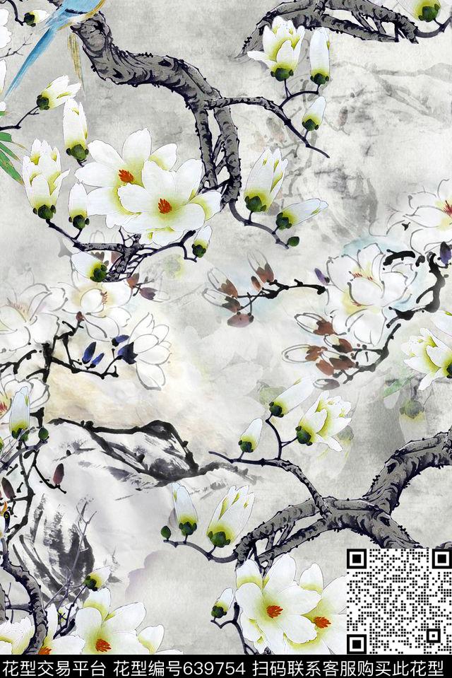 花鸟玉兰花花卉数码印花华亿平台下载（图片编号: 639754） - 瓦栏（Walan）