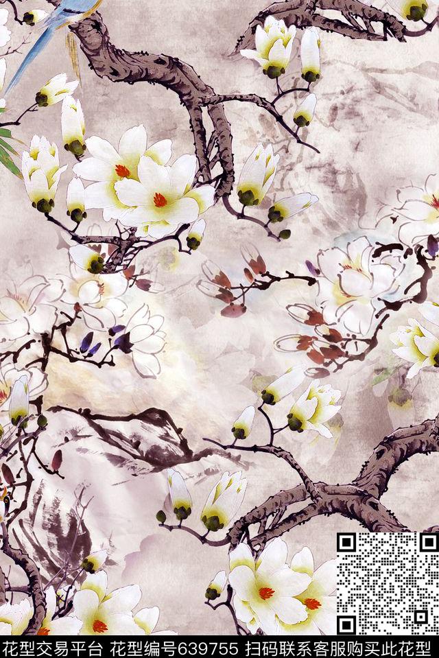 花鸟玉兰花花卉数码印花华亿平台下载（图片编号: 639755） - 瓦栏（Walan）