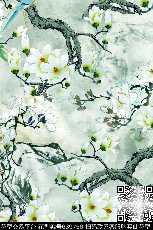 花鸟玉兰花花卉数码印花华亿平台下载（图片编号: 639756） - 瓦栏（Walan）
