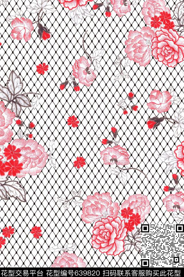 流行时尚花卉线描花传统印花华亿平台下载（图片编号: 639820） - 瓦栏（Walan）