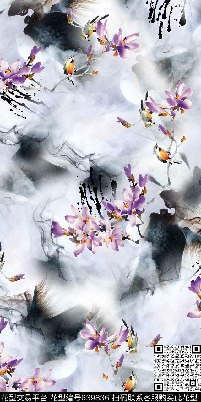 水墨。紫藤花手绘素雅数码印花华亿平台下载（图片编号: 639836） - 瓦栏（Walan）
