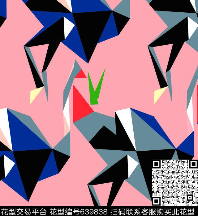 个性几何鸟传统印花华亿平台下载（图片编号: 639838） - 瓦栏（Walan）