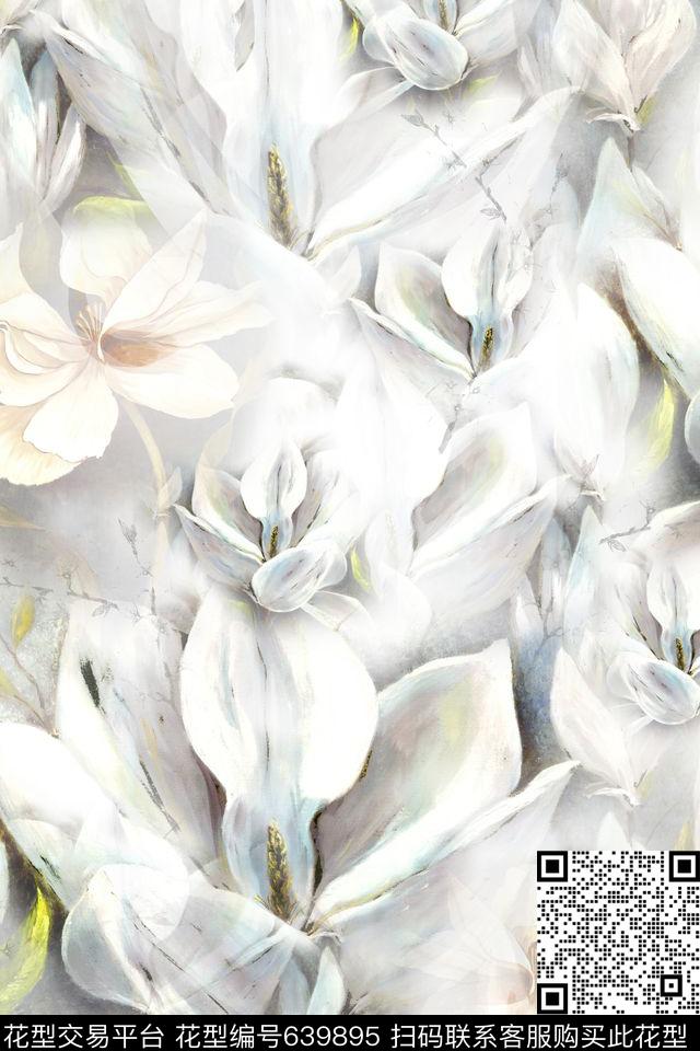 服装玉兰花大花数码印花华亿平台下载（图片编号: 639895） - 瓦栏（Walan）