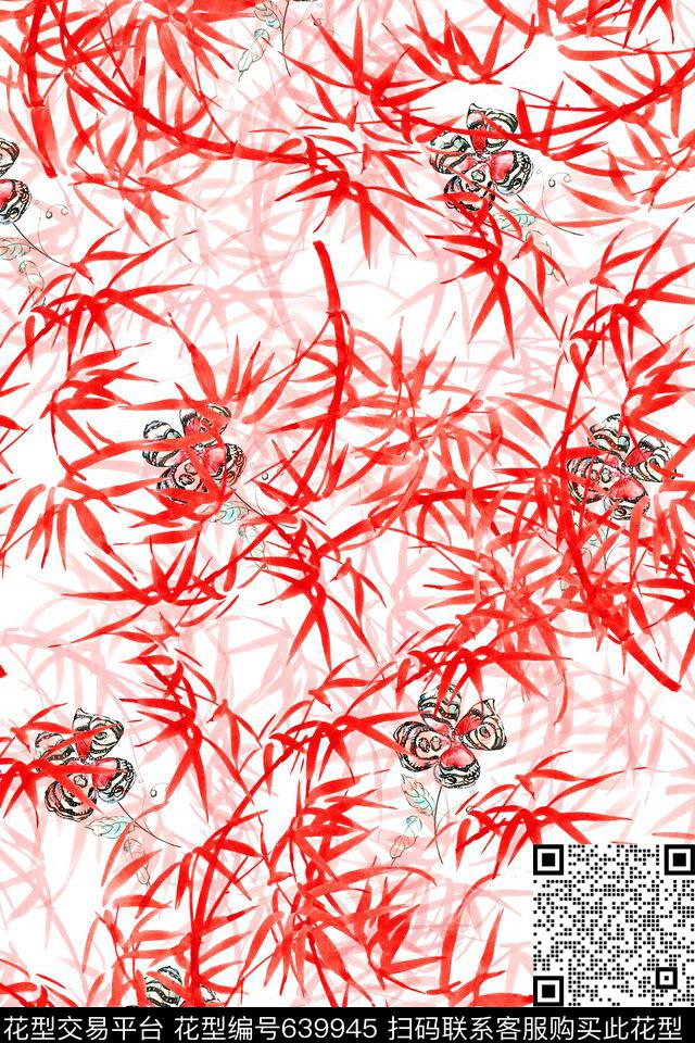竹叶蝴蝶花中国风数码印花华亿平台下载（图片编号: 639945） - 瓦栏（Walan）