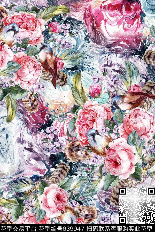 花卉鸟羽毛数码印花华亿平台下载（图片编号: 639947） - 瓦栏（Walan）