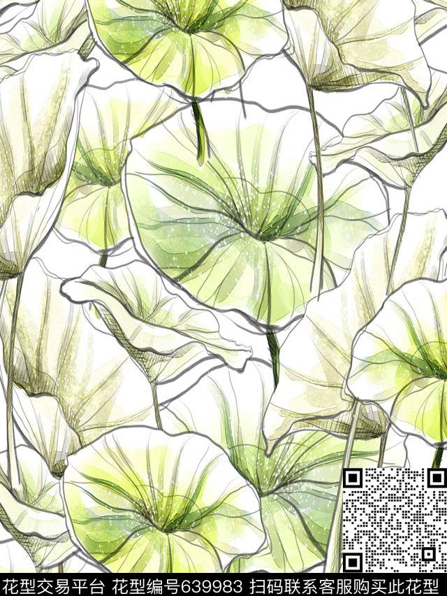 小清新、手绘、荷叶数码印花华亿平台下载（图片编号: 639983） - 瓦栏（Walan）