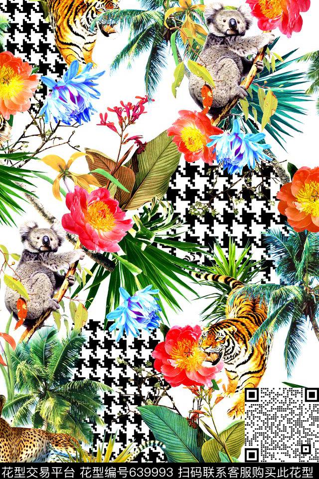 老虎浣熊花卉数码印花华亿平台下载（图片编号: 639993） - 瓦栏（Walan）