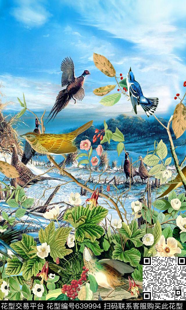 风景花卉小鸟数码印花华亿平台下载（图片编号: 639994） - 瓦栏（Walan）