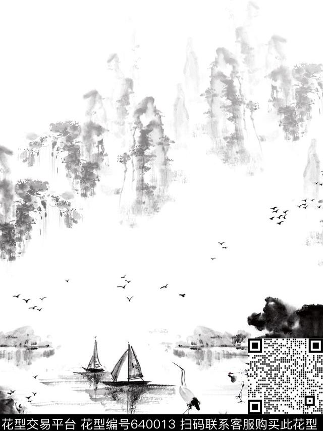 风景水墨黑白传统印花华亿平台下载（图片编号: 640013） - 瓦栏（Walan）