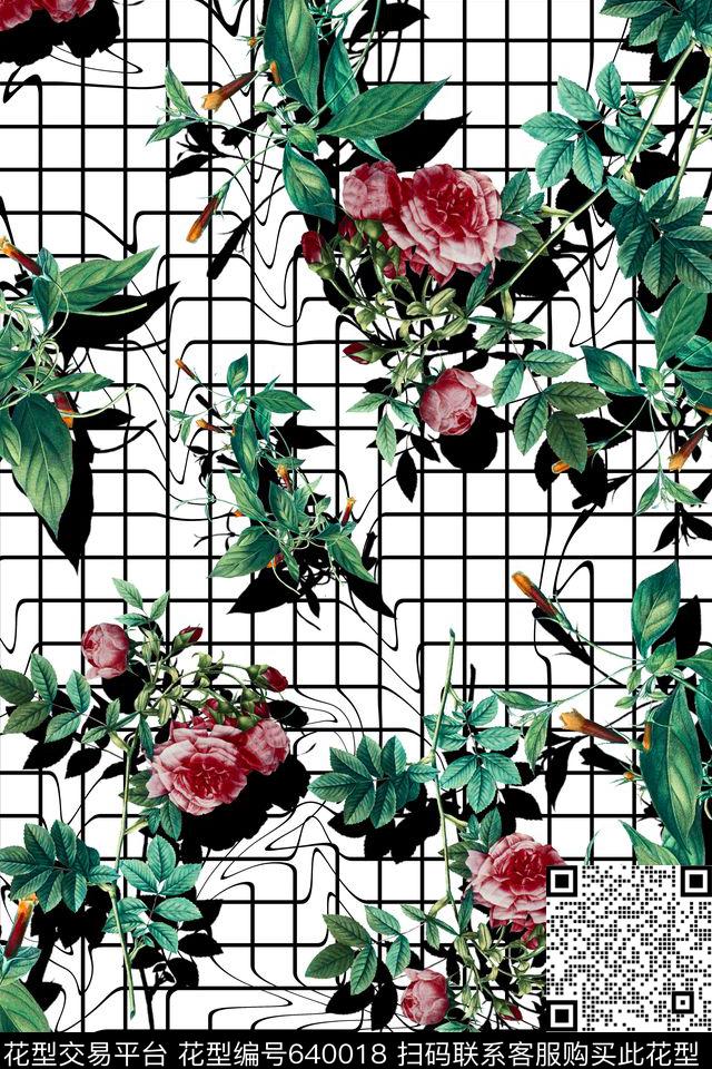 植物叶子玫瑰花抽象几何背景数码印花华亿平台下载（图片编号: 640018） - 瓦栏（Walan）