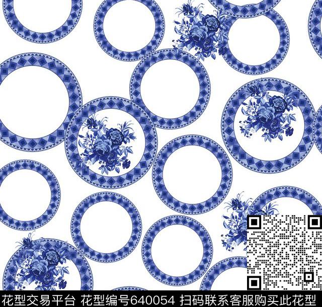 花卉青花瓷中国风数码印花华亿平台下载（图片编号: 640054） - 瓦栏（Walan）