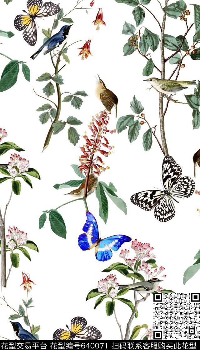手绘鸟树枝蝴蝶数码印花华亿平台下载（图片编号: 640071） - 瓦栏（Walan）